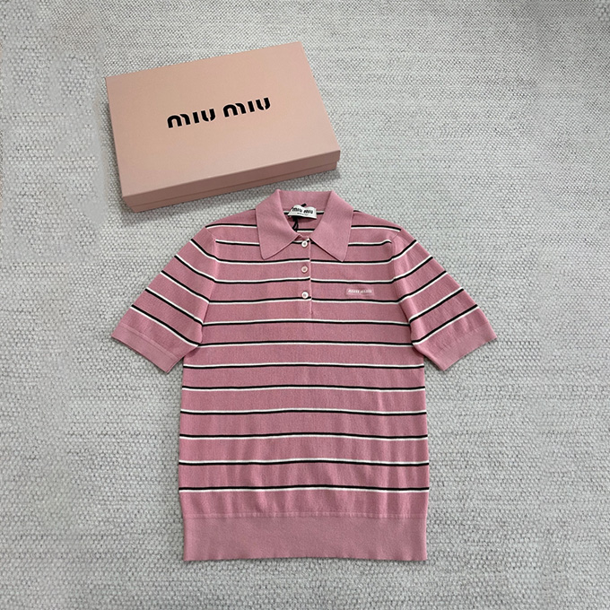 miu miu multicolor stripe polo collar short sleeve knit top
